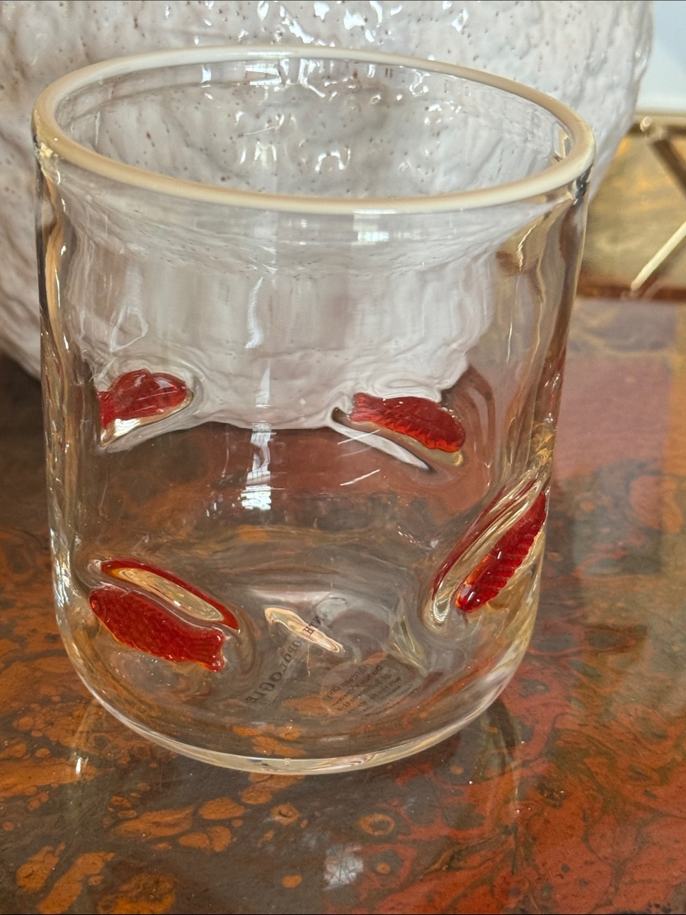 Anthropologie Clear Glass with Red Fish Accents